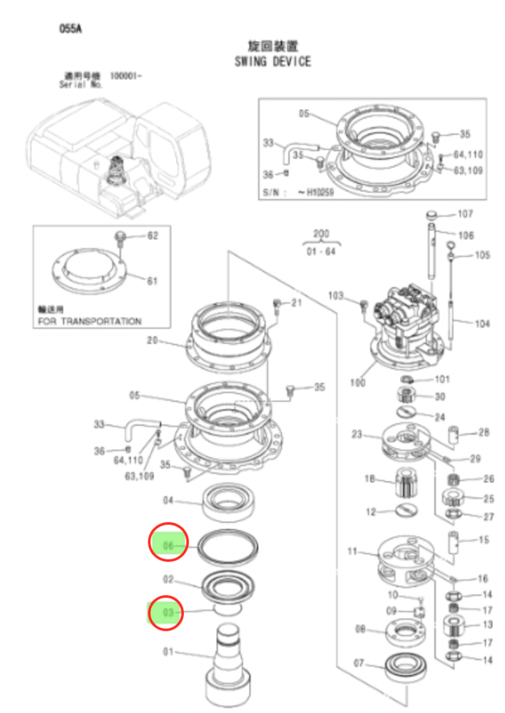 Kit de retén y oring para reductor de giro Excavadoras JD & Hitachi #4411535 – A811120