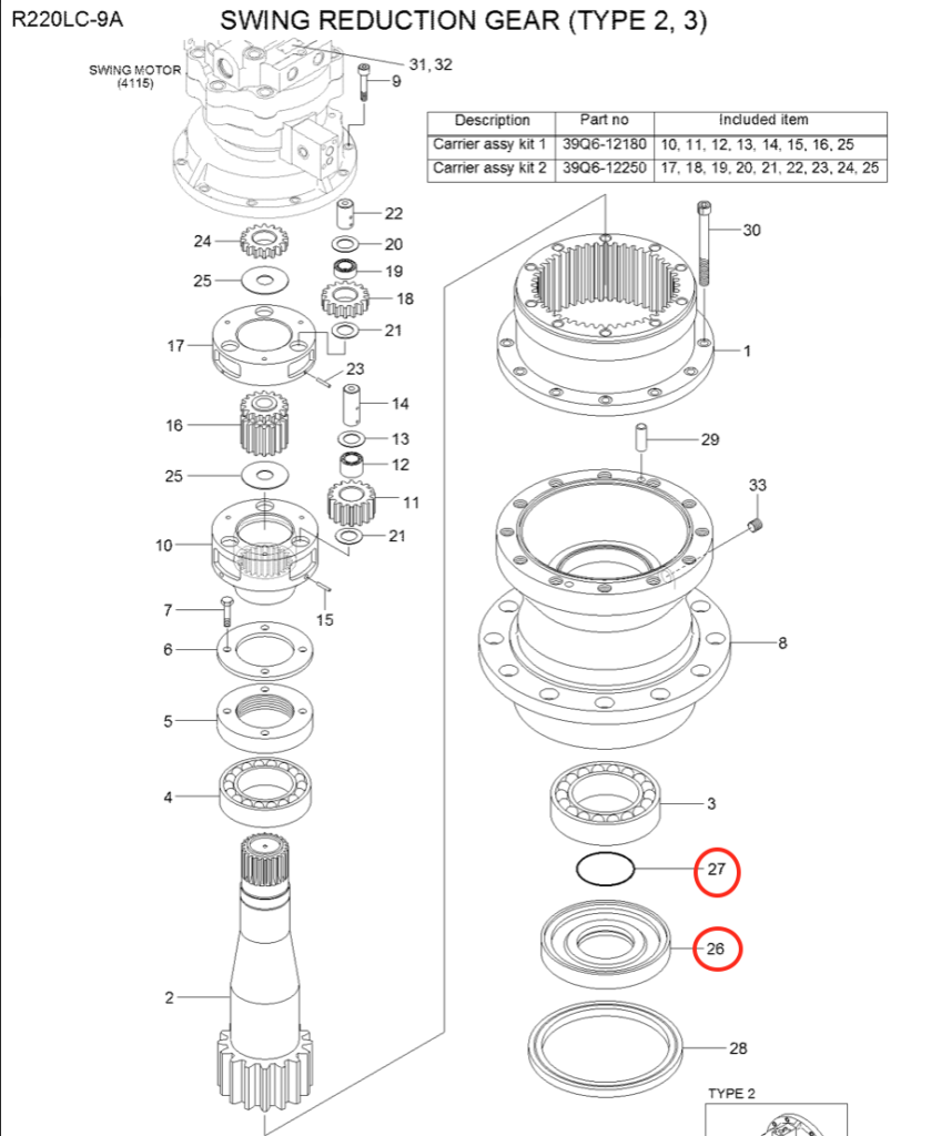Kit retén/oring reductor giro Hyundai  # S631-120001 – 39Q6-12350